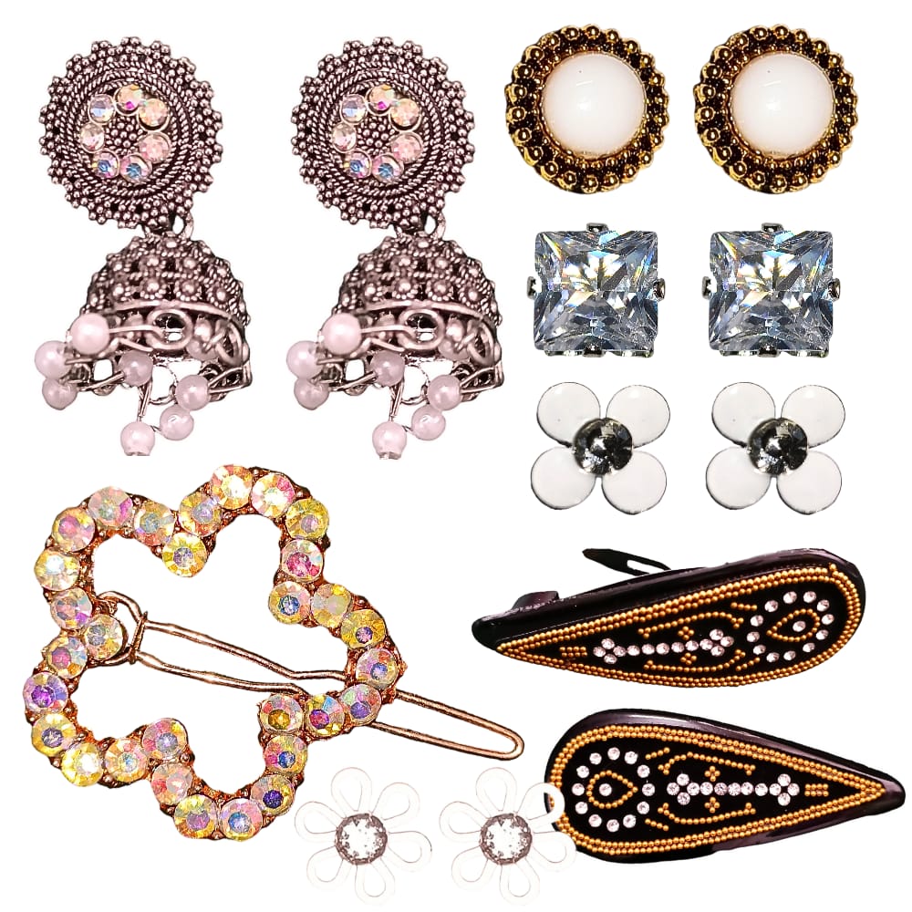 Stud Earring with Jhumka and Hair Clips Combo 1